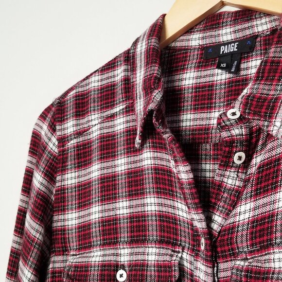 PAIGE Trudy Plaid Button Down Shirt Top XS Flannel Barlow Black Scarlet Red SOFT - Picture 15 of 16